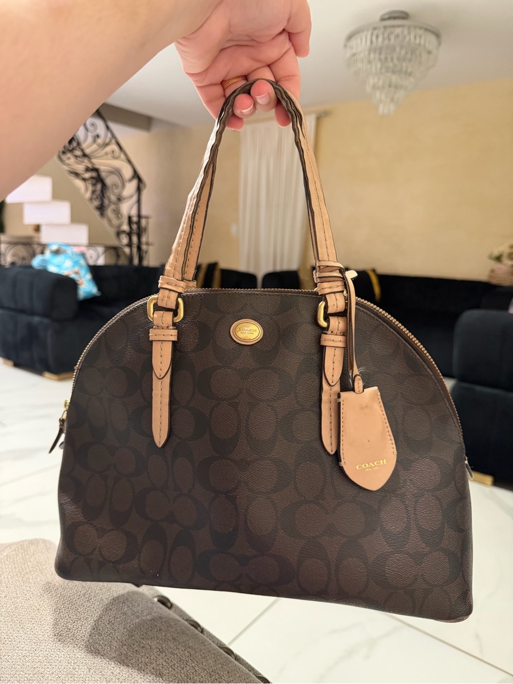 Coach Dark Brown Signature Canvas Dome Satchel with Tan Leather Handles - Picture 1 of 7